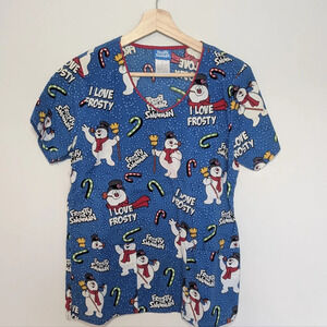 Frosty the Snowman Scrub Top Women's Size Small Blue Frosty Cotton Pockets